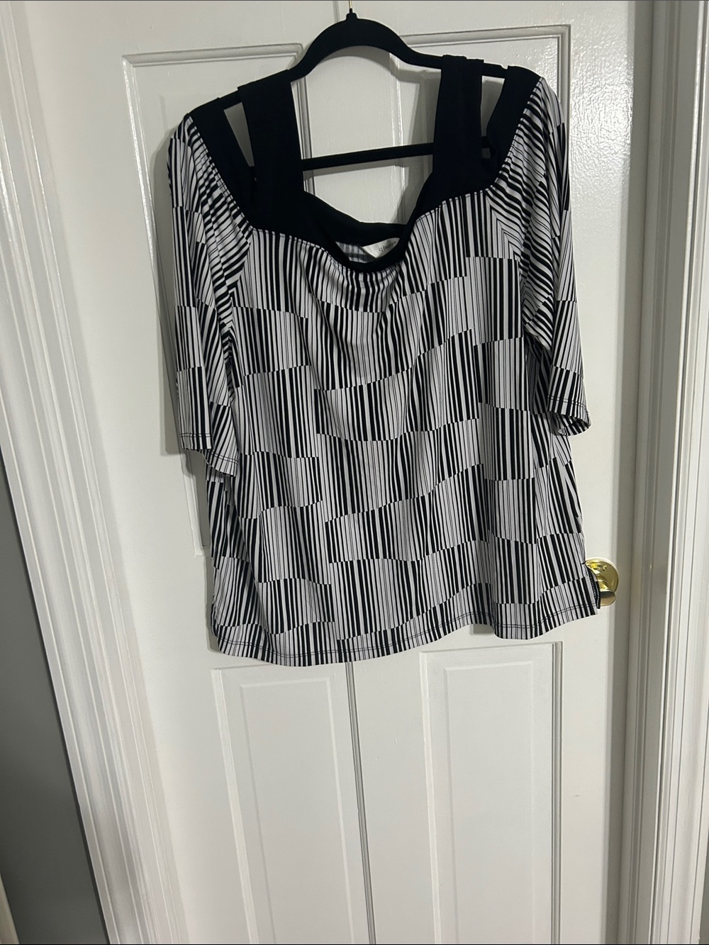 CJ Banks Black & White Striped Cold-Shoulder Blouse